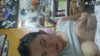 Busty otaku girl touches breasts in room