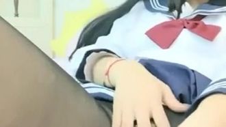 Student uniform, double ponytail, small wrinkled anus, open crotch, black stockings masturbation stick inserted into the pussy and a lot of white fluid leaked out