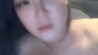 A Korean girl had a blowjob outdoors in the car at night, with a vibrator stuffed into her pussy and then a condom, moaning and gasping