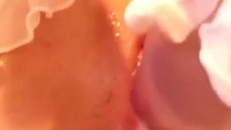 Cute white tiger loli has double holes inserted and leaks white juice