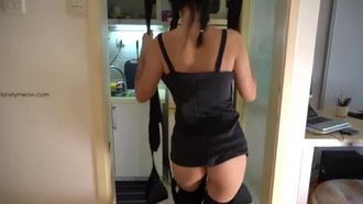 The black silk T-string pants are tempting and squirting all over the floor
