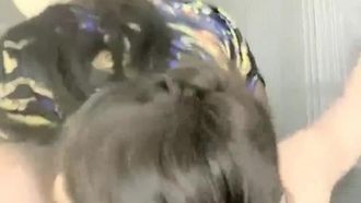 チャイナドレスと黒のシルクのハイヒールを履いた美しいお尻を持つセクシーな女の子が誘惑とセックスしており、開いたストッキングでお尻を持ち上げて指で指で弄っています