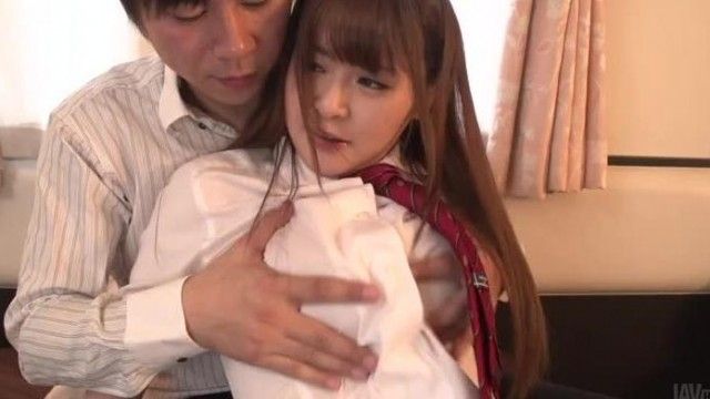 Busty schoolgirl gives top Japanese blow job